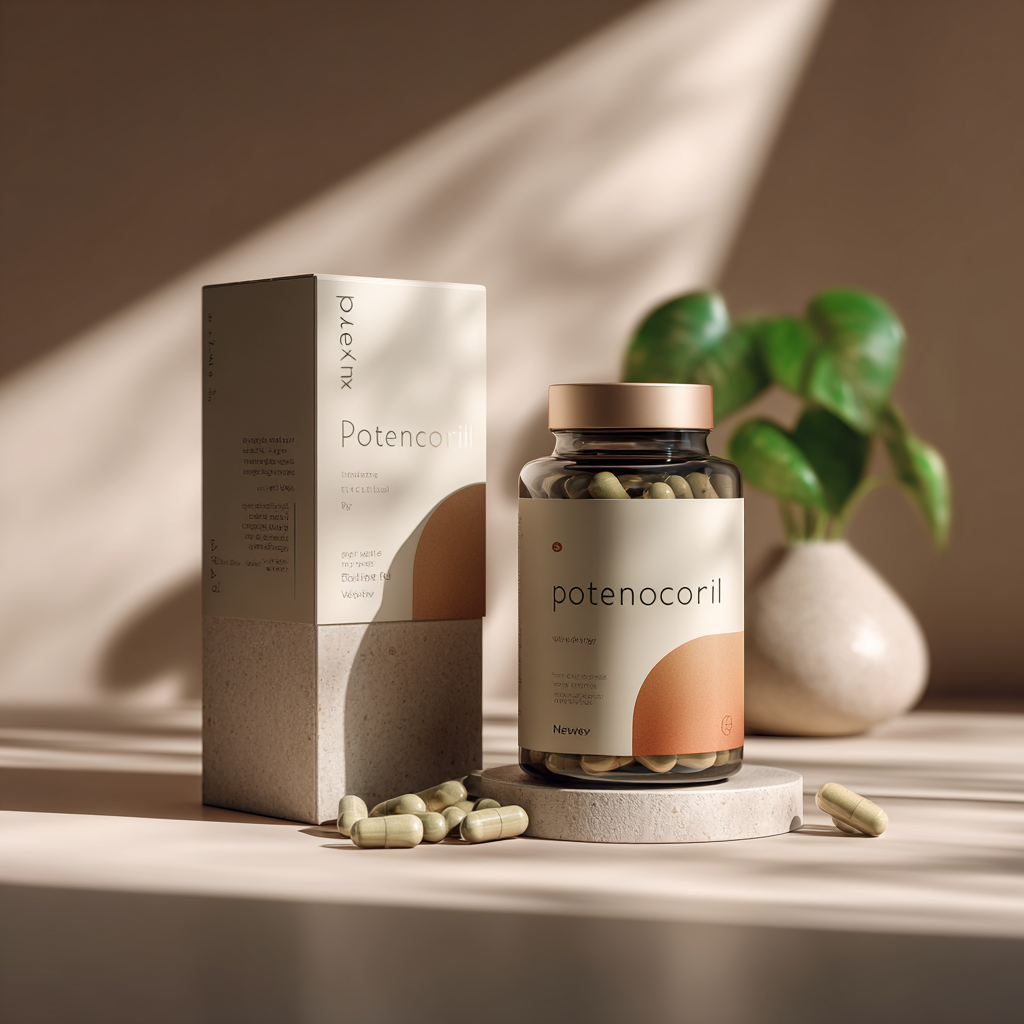 Професионален продукт Potencoril от nexvoni в елегантна опаковка, снимка в реалистичен стил на бяла повърхност с мека светлина